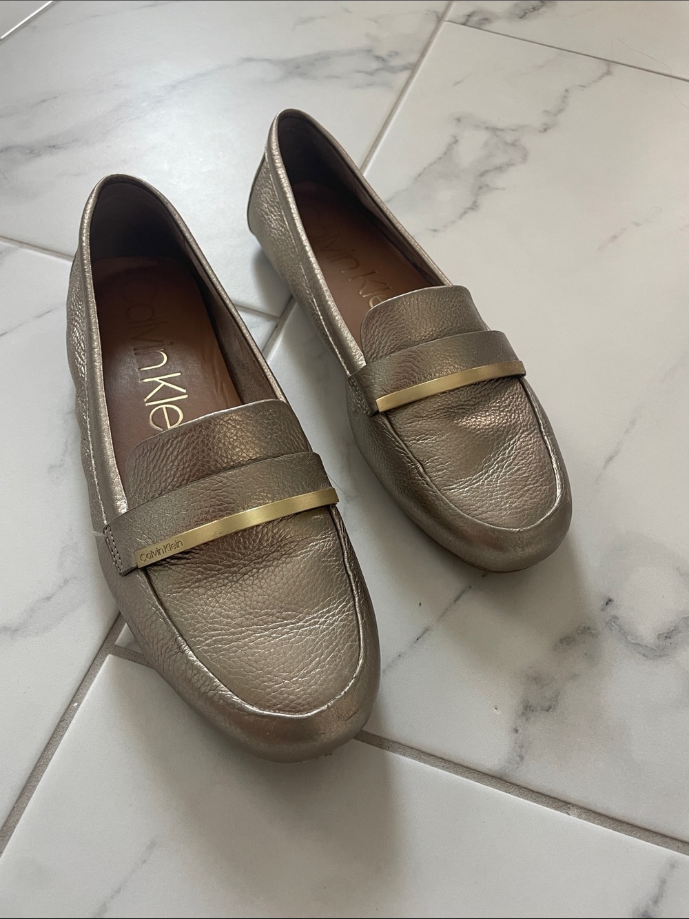 Calvin Klein Metallic Taupe Leather Loafers with Gold Bar